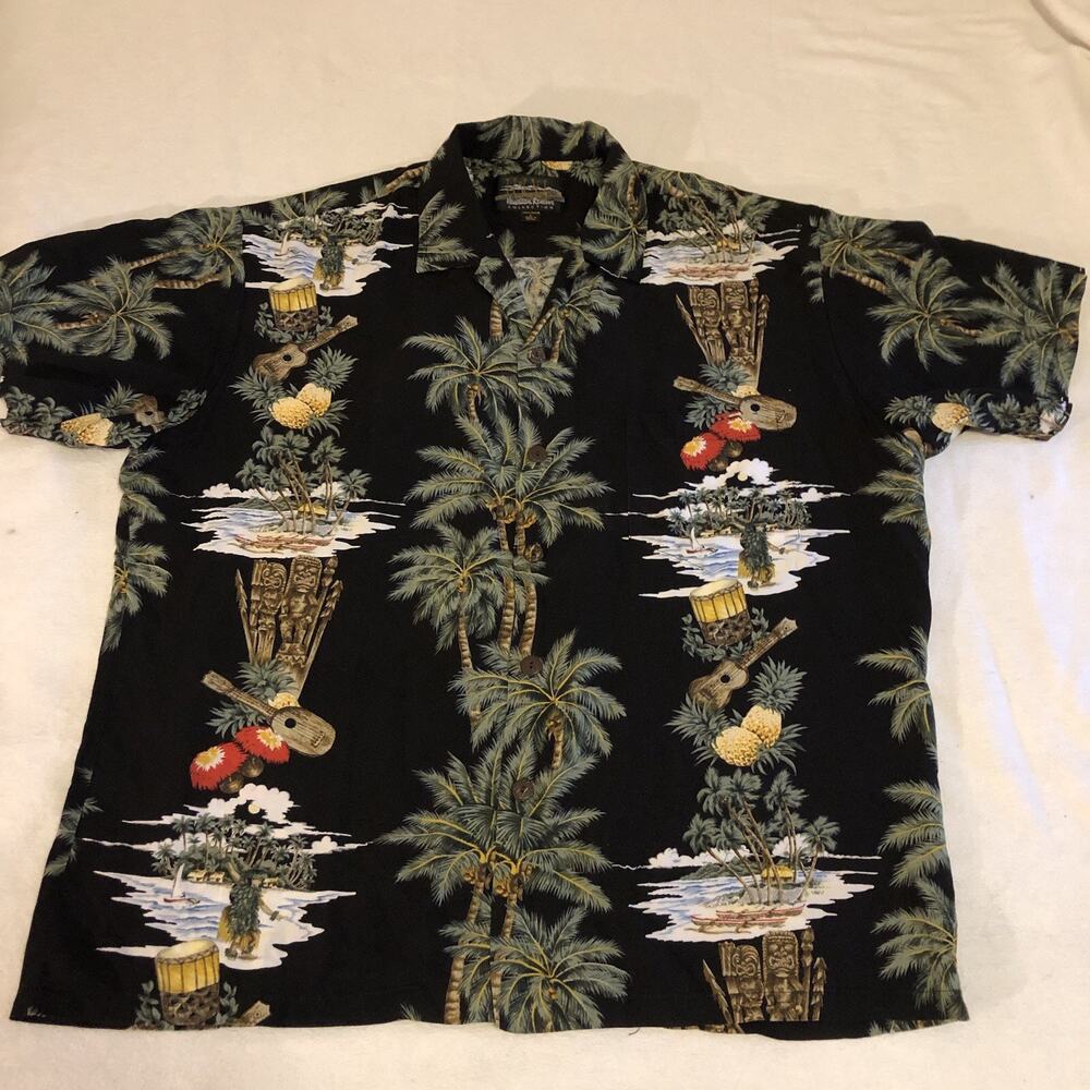 Reserve Hawaiian Collection Shirt Men's Large Black Tiki, Palm Tree, 100% Rayon